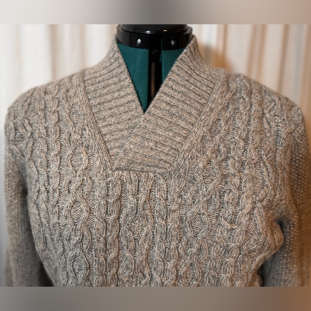 VTG Joseph Abboud Men's M Tan Grey Heather Wool Blend Fisherman Grandpa Sweater - Picture 2 of 14